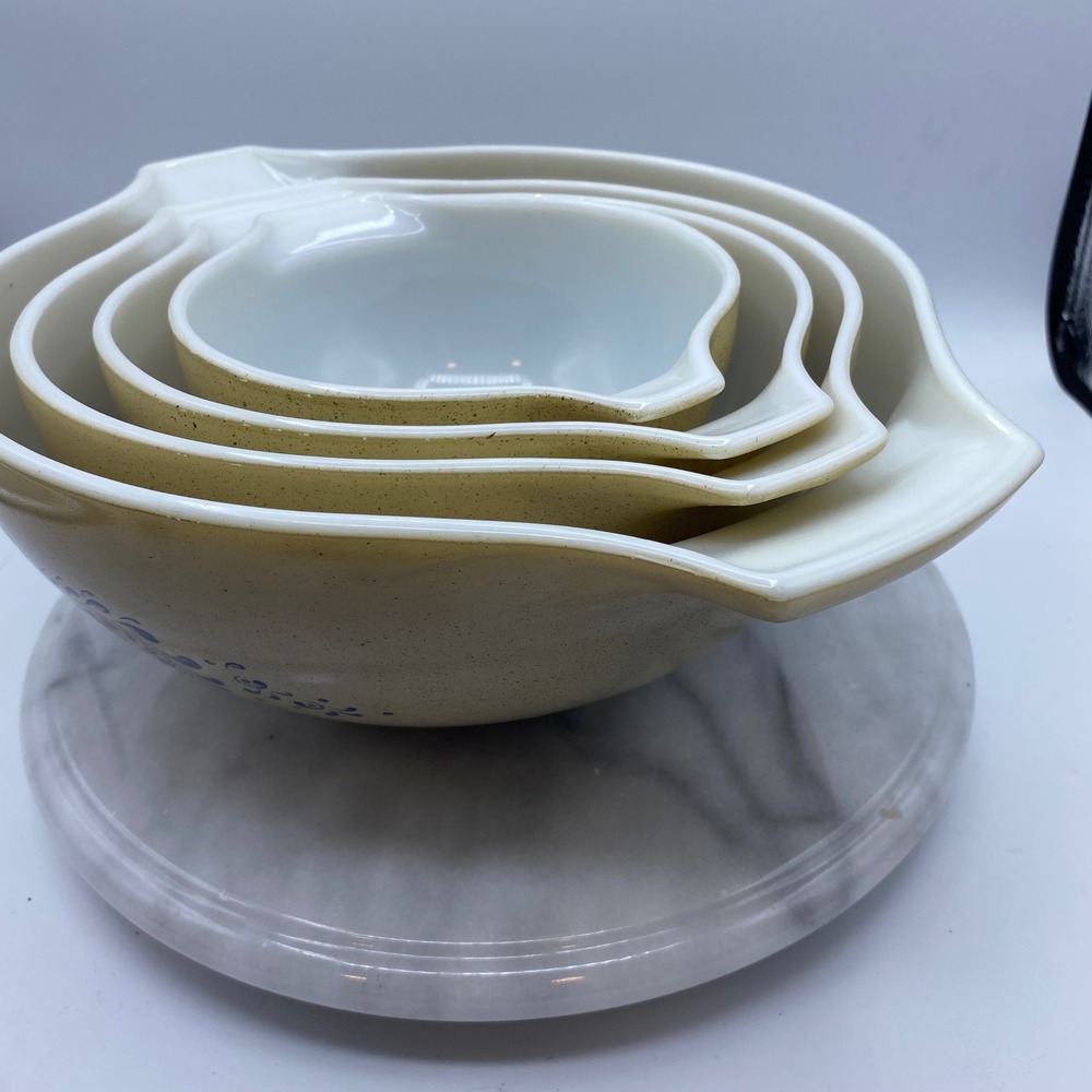 Pyrex Vintage Cinderella Nesting Mixing Bowl Set Blue Onion Speckled Tan 4pc - Picture 2 of 11